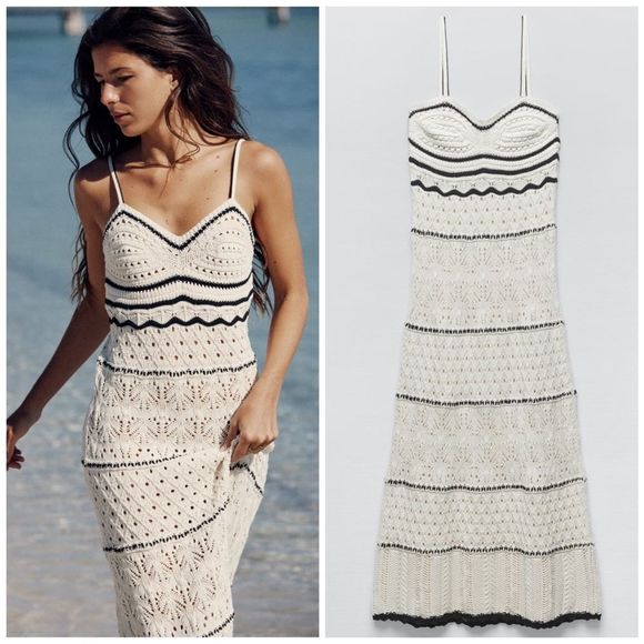 LAST! Zara Long Knit Crochet Dress Ecru New - Picture 3 of 12